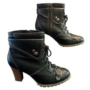 Ruff Hewn Hawthorn Black Leather Heeled Ankle Boots Lace-Up Side Zip Size 8.5